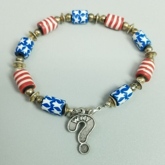 Vintage Red White and Blue Clay Beaded Bracelet with Why? Silver Tone Charm - Picture 7 of 7
